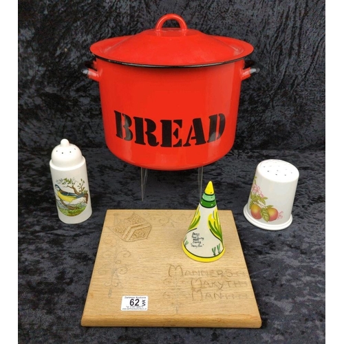 62 - Extra large vintage red enamel bread bin, along with three vintage flour sifters and a handmade brea... 