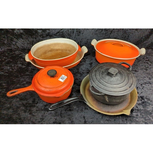63 - Collection of vintage 1970s Le Creuset dishes, pans, saucepans including Volcanic and Black. All wit... 