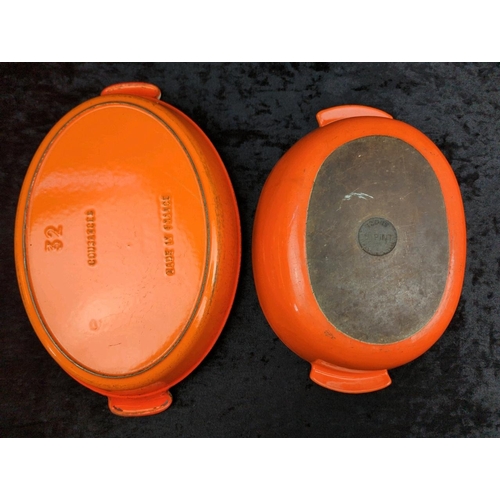 63 - Collection of vintage 1970s Le Creuset dishes, pans, saucepans including Volcanic and Black. All wit... 