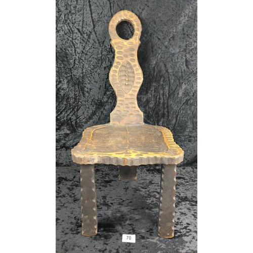 70 - Three-legged hand carved vintage birthing chair. Approx H65cm.