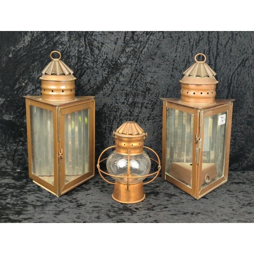 72 - Two antique copper and glass triangular signal lanterns, one converted historically to electric, plu... 