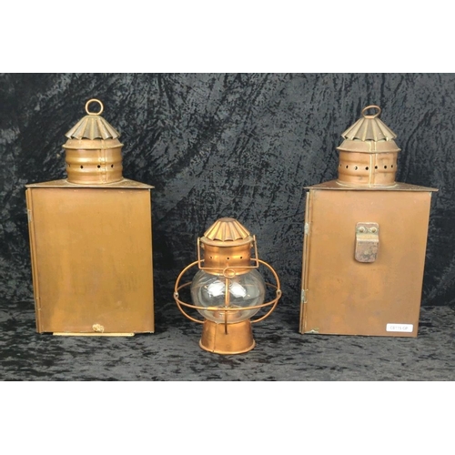 72 - Two antique copper and glass triangular signal lanterns, one converted historically to electric, plu... 