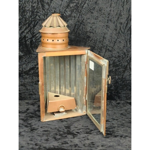 72 - Two antique copper and glass triangular signal lanterns, one converted historically to electric, plu... 