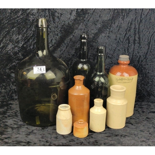 74 - Collection of vintage green glass bottles, stoneware flagons and bottles, plus an antique salt-glaze... 