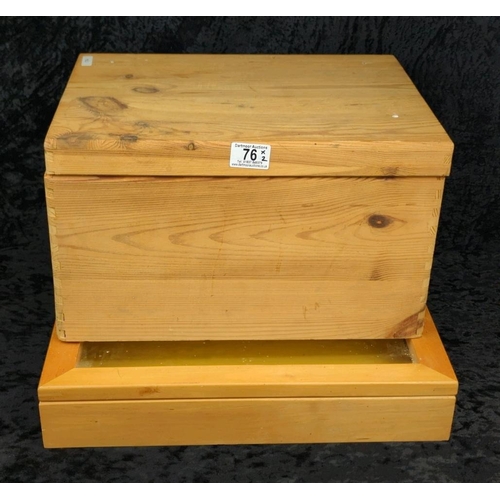 76 - Handy pine storage box with carry handles (approx H23 x W40 x D30cm), and a pine and glass display c... 