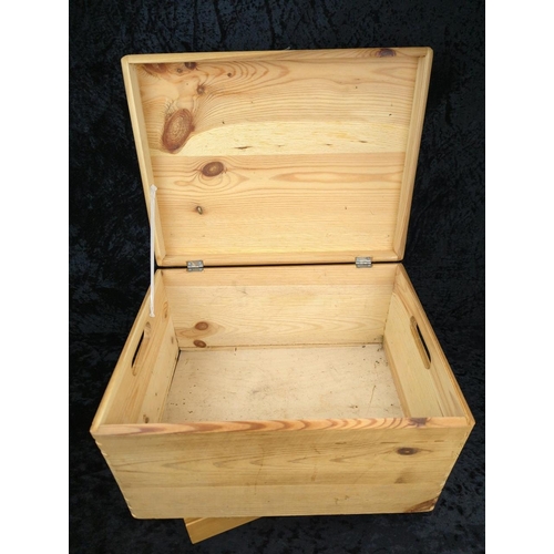 76 - Handy pine storage box with carry handles (approx H23 x W40 x D30cm), and a pine and glass display c... 