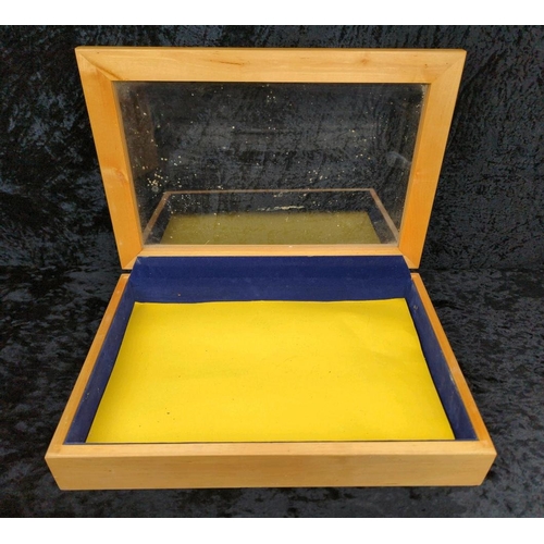 76 - Handy pine storage box with carry handles (approx H23 x W40 x D30cm), and a pine and glass display c... 