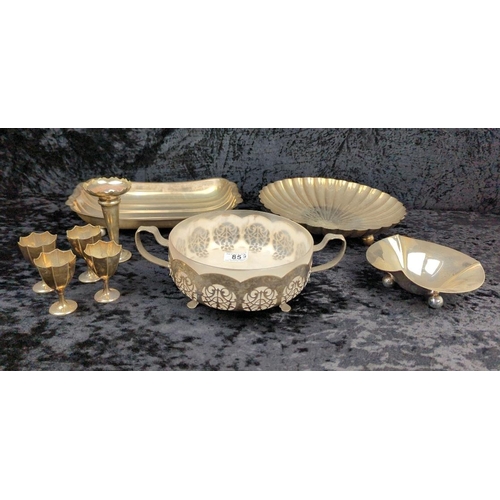 85 - Nice mix of silver plate bowls, apÃ©ritif goblets and a bud vase.