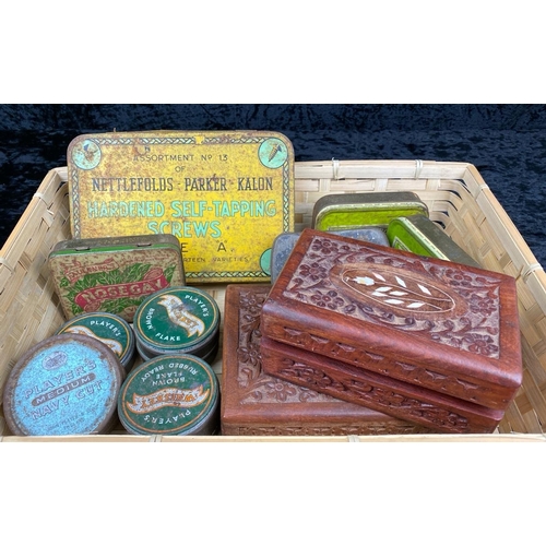86 - Various vintage tins, tobacco containers and two sheesham wood keepsake boxes.