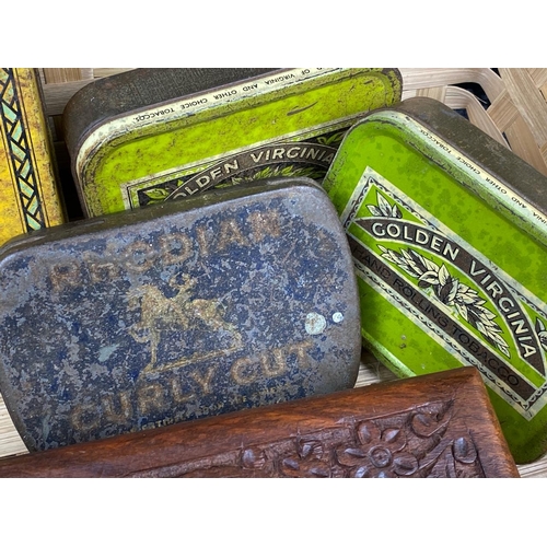 86 - Various vintage tins, tobacco containers and two sheesham wood keepsake boxes.