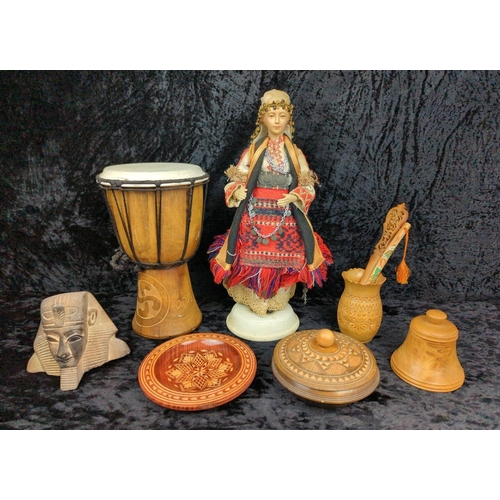 88 - Harlequin lot of collectibles - vintage porcelain Greek souvenir doll, wooden trinket boxes, and mor... 