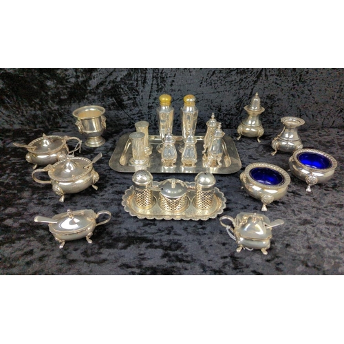 93 - Super collection of super-shiny silver plate condiment sets, salt cellars, mustard pots etc, plus a ... 