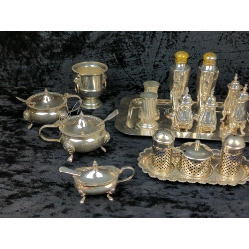 93 - Super collection of super-shiny silver plate condiment sets, salt cellars, mustard pots etc, plus a ... 