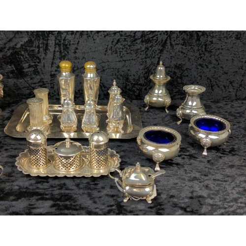 93 - Super collection of super-shiny silver plate condiment sets, salt cellars, mustard pots etc, plus a ... 