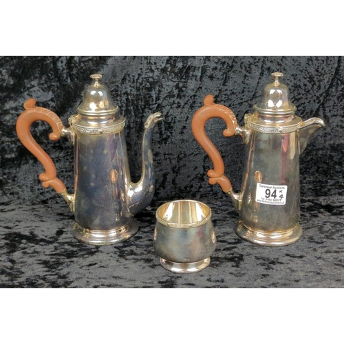 94 - Two Georgian-style English silver plate coffee pots with wooden handles, and a sugar bowl.