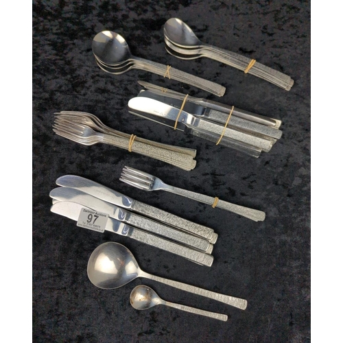 97 - Set of collectible mid-century modern Studio V stainless steel cutlery with textured bark finish on ... 