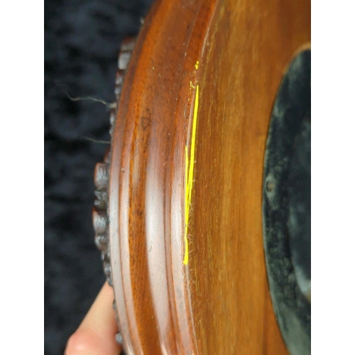 1 - Antique carved wood aneroid barometer. Approx D24cm.