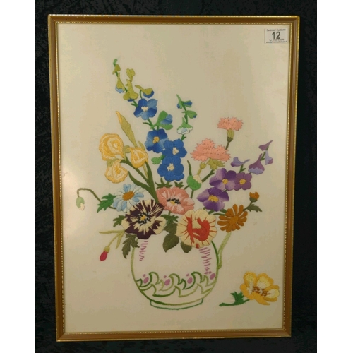 12 - Pretty vintage floral embroidery wall hanging. Approx H56 x 41cm.