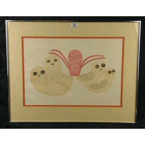 14 - Framed lithographic reproduction of Untitled - Yellow Birds by Inuit artist Lucy Qinnuayuak, c1971. ... 