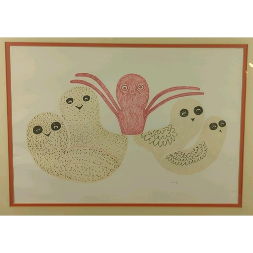 14 - Framed lithographic reproduction of Untitled - Yellow Birds by Inuit artist Lucy Qinnuayuak, c1971. ... 
