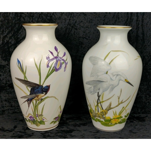 17 - Pair of Franklin Porcelain vases - ‘The Meadowland Bird Vase’ with a swallow and flowers and ‘The Ma... 