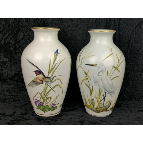 17 - Pair of Franklin Porcelain vases - ‘The Meadowland Bird Vase’ with a swallow and flowers and ‘The Ma... 
