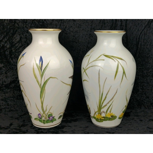 17 - Pair of Franklin Porcelain vases - ‘The Meadowland Bird Vase’ with a swallow and flowers and ‘The Ma... 