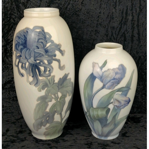 18 - Two beautiful early 20th Century Royal Copenhagen vases featuring Chrysanthemum and Tulip. Tallest a... 