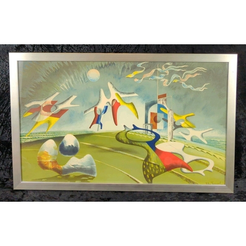19 - Framed and signed abstract print by Toby Twemarch, dated 1977. Approx H46 x 73cm.