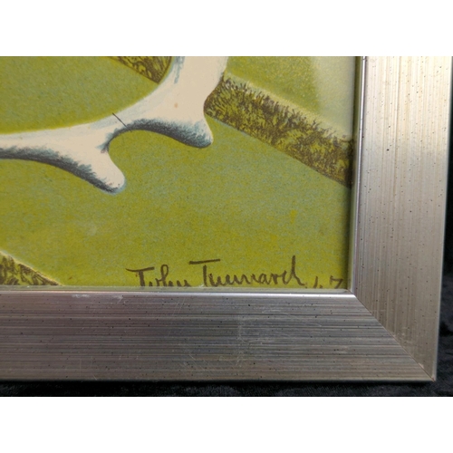 19 - Framed and signed abstract print by Toby Twemarch, dated 1977. Approx H46 x 73cm.