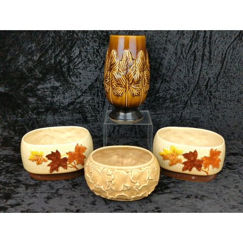 24 - Pair of vintage SylvaC planters with autumnal leaves design, along with a tall brown SylvaC vase and... 