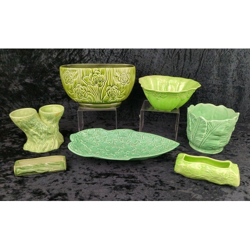 26 - Vintage green ceramic SylvaC oval planter, plant pot and dish, along with a double vase, bowl, troug... 
