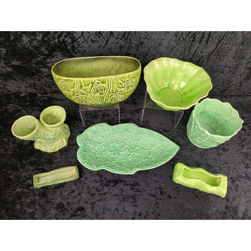 26 - Vintage green ceramic SylvaC oval planter, plant pot and dish, along with a double vase, bowl, troug... 