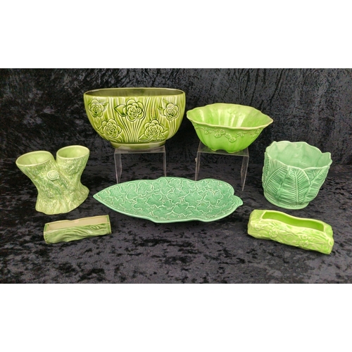 26 - Vintage green ceramic SylvaC oval planter, plant pot and dish, along with a double vase, bowl, troug... 