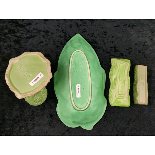 26 - Vintage green ceramic SylvaC oval planter, plant pot and dish, along with a double vase, bowl, troug... 