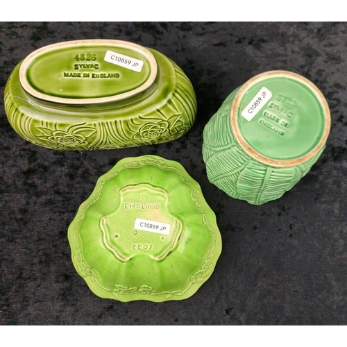 26 - Vintage green ceramic SylvaC oval planter, plant pot and dish, along with a double vase, bowl, troug... 