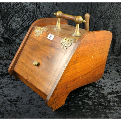 27 - Antique fireside wooden coal box (aka purdonium!) with decorative brass hinges and handles, original... 