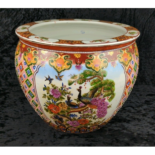 32 - Fantastic large Chinese-style jardiniere planter with hand-painted floral and bird designs and paint... 
