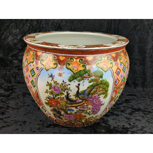 32 - Fantastic large Chinese-style jardiniere planter with hand-painted floral and bird designs and paint... 