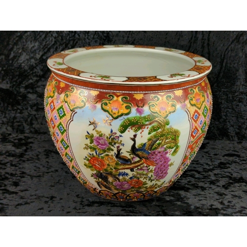 32 - Fantastic large Chinese-style jardiniere planter with hand-painted floral and bird designs and paint... 