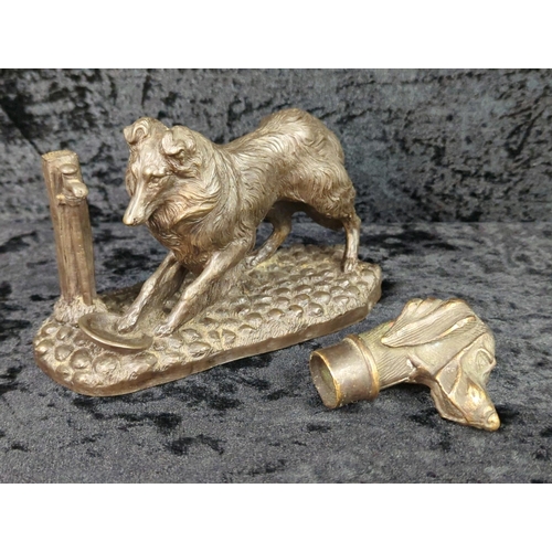 34 - Metal figurine of a collie at a water pump signed by the artist J Spouse (approx H11 x W17cm), and a... 