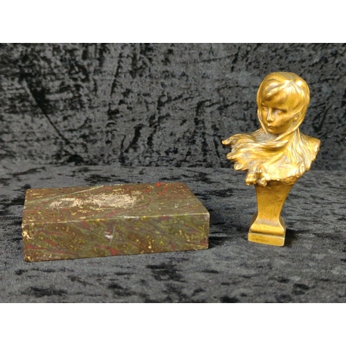 36 - Trio of metalware ornaments - brass woman’s head, a bronze hand a metal relaxing cat on a base. Tall... 