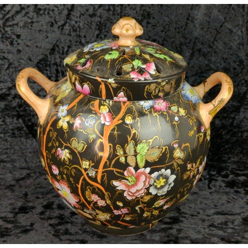 37 - Beautiful antique Chinese two-handled ceramic jar with two separate lids, one solid and one pierced,... 