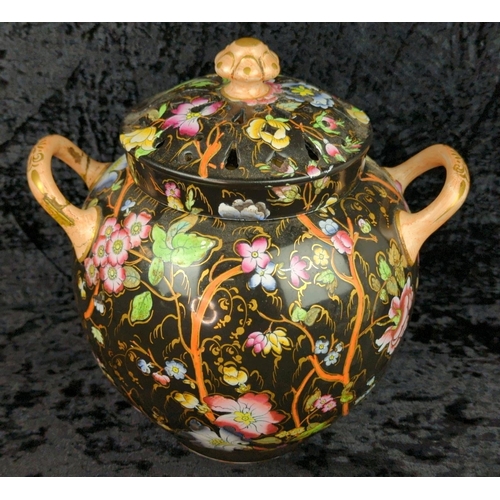 37 - Beautiful antique Chinese two-handled ceramic jar with two separate lids, one solid and one pierced,... 