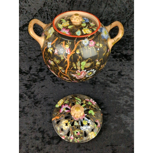 37 - Beautiful antique Chinese two-handled ceramic jar with two separate lids, one solid and one pierced,... 