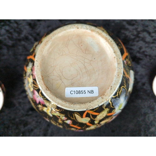 37 - Beautiful antique Chinese two-handled ceramic jar with two separate lids, one solid and one pierced,... 
