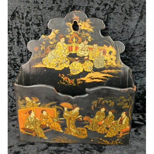 37A - Antique black lacquered wooden Japanese-inspired wall hanging letter rack with hand-painting figures... 