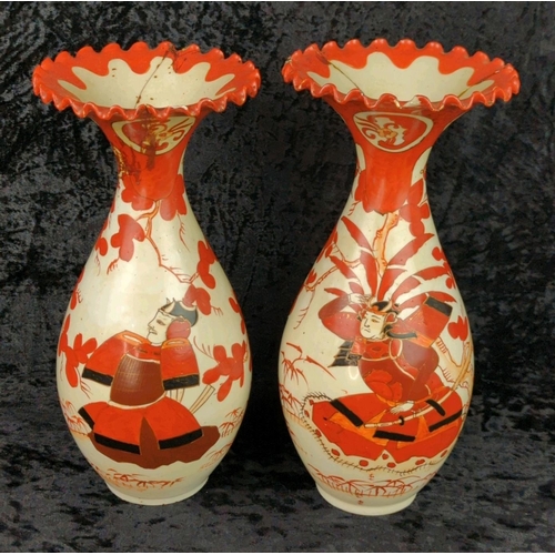 39 - Pair of antique Japanese Satsuma trumpet vases, with hand-painted red, black and gold detailing and ... 