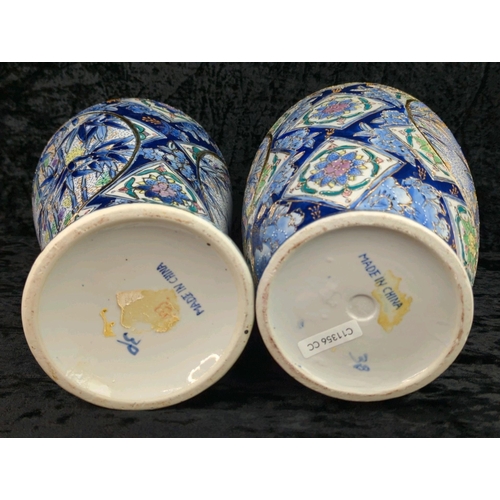 41 - Two large vintage ceramic vases with blue patterns and bamboo plants and gilt detailing. Marked Made... 