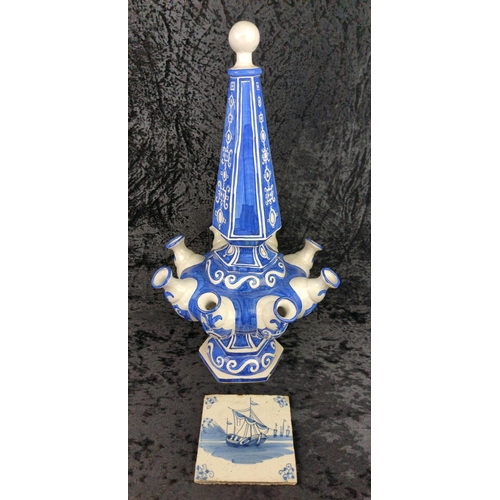 43 - Unusual vintage blue and white earthenware ‘tulipière’ with multiple spouts for single stem flowers ... 